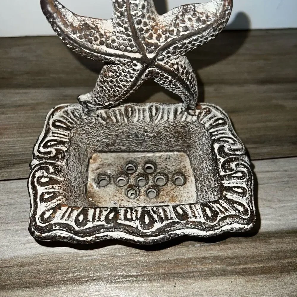 Cast Iron Soap Dish Antiqued White Star Fish Natical Decor Bathroom Kitchen Sink